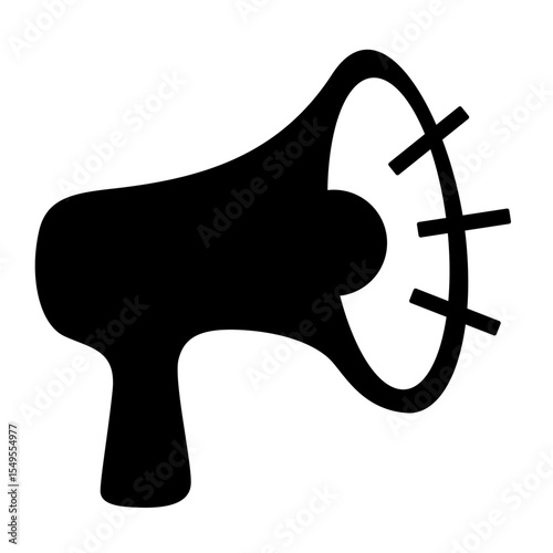 Megaphone Icon: Bold black silhouette of a classic megaphone, a symbol of announcement and amplification, standing in stark contrast against a simple background.