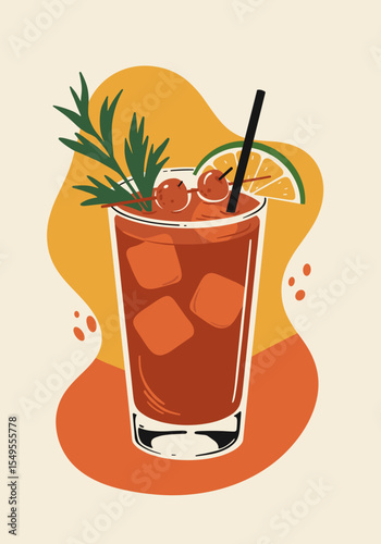 Vector illustration of Bloody Mary cocktail with rosemary, ice, and citrus on colorful background