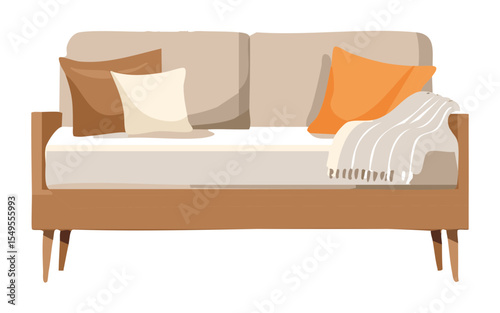 Cozy Beige Sofa with Warm Pillows and Blanket