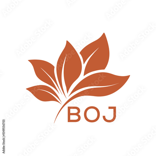 BOJ Minimalist Leaf Logo Design with Text BOJ, Botanical Nature Logo with Leaves in Brown, BOJ Later Logo, Abstract Floral Logo for Natural Products.
