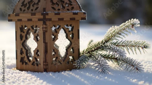 Winter Wonderland Scene with Wooden Lantern and Snow