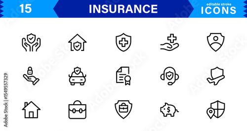 Insurance Icon Set Featuring Protection, Policy, Coverage, Claims, and Risk Management Concepts in a Clean, Professional, and Marketable Vector Style