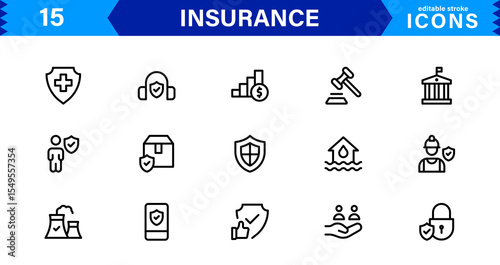 Insurance Icon Set Featuring Protection, Policy, Coverage, Claims, and Risk Management Concepts in a Clean, Professional, and Marketable Vector Style