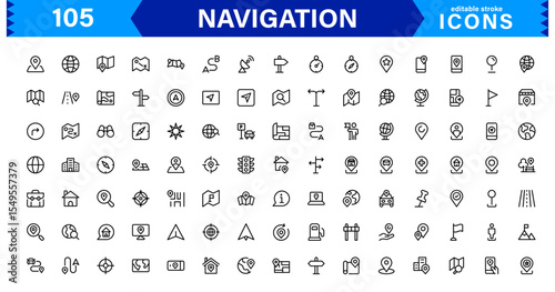 Navigation Icon Set Featuring Map, Compass, Direction, Location, and GPS Concepts in a Simple, Download-Ready, and Professional Vector Style