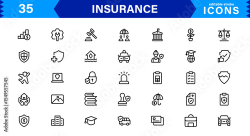 Insurance Icon Set Featuring Protection, Policy, Coverage, Claims, and Risk Management Concepts in a Clean, Professional, and Marketable Vector Style