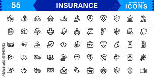 Insurance Icon Set Featuring Protection, Policy, Coverage, Claims, and Risk Management Concepts in a Clean, Professional, and Marketable Vector Style
