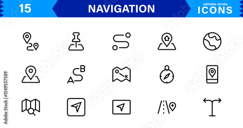 Navigation Icon Set Featuring Map, Compass, Direction, Location, and GPS Concepts in a Simple, Download-Ready, and Professional Vector Style