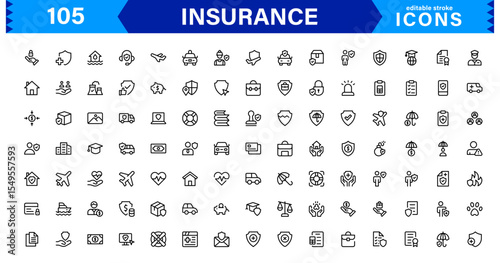 Insurance Icon Set Featuring Protection, Policy, Coverage, Claims, and Risk Management Concepts in a Clean, Professional, and Marketable Vector Style