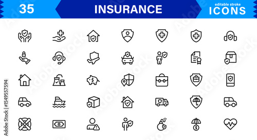 Insurance Icon Set Featuring Protection, Policy, Coverage, Claims, and Risk Management Concepts in a Clean, Professional, and Marketable Vector Style