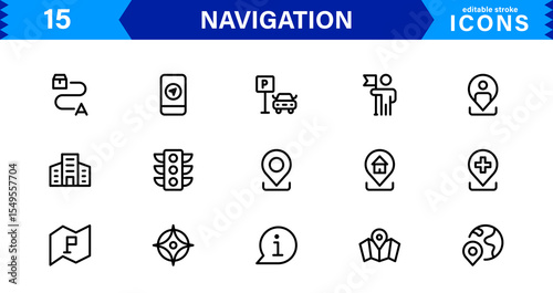 Navigation Icon Set Featuring Map, Compass, Direction, Location, and GPS Concepts in a Simple, Download-Ready, and Professional Vector Style