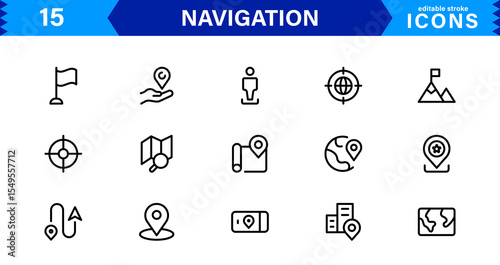 Navigation Icon Set Featuring Map, Compass, Direction, Location, and GPS Concepts in a Simple, Download-Ready, and Professional Vector Style