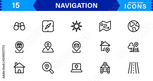 Navigation Icon Set Featuring Map, Compass, Direction, Location, and GPS Concepts in a Simple, Download-Ready, and Professional Vector Style