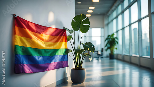 Rainbow LGBTQIA+ Pride Flag displayed in modern office hallway