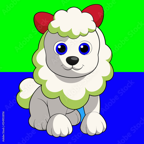 white poodle sitting on hind legs on blue background