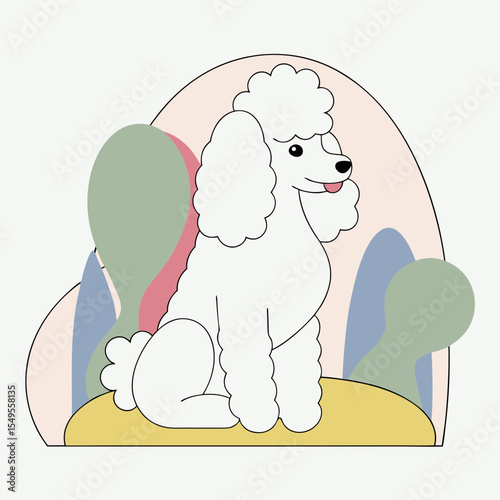 white poodle sitting on hind legs on blue background