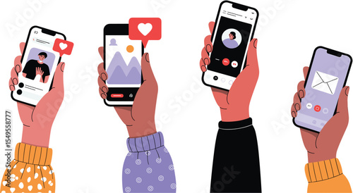 Isometric Illustration of Social Media Interactions: Likes, Comments, Calls, and Messages