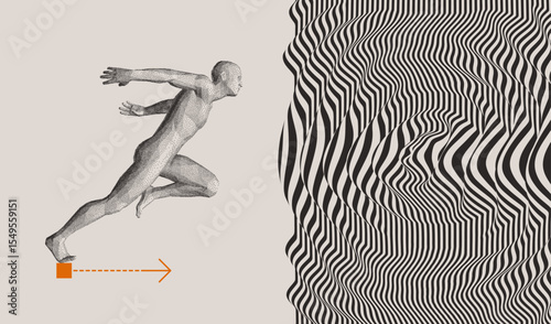 The arrow indicates the direction of the sprinter's movement to the goal. The concept of leadership. Art composition. Wavy background with ripple effect and optical illusion, similar to a portal.