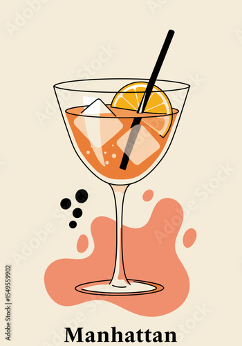 Vector illustration of Manhattan cocktail with ice, orange slice, and straw in elegant glass
