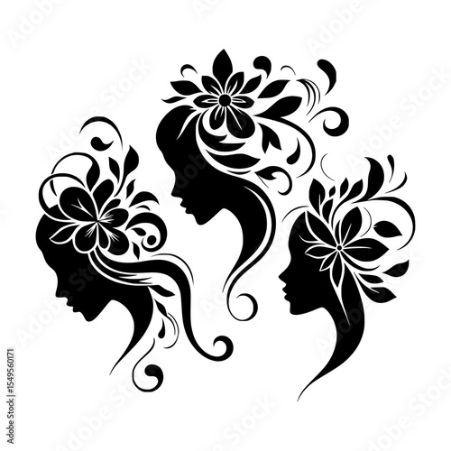 Three elegant women silhouettes with floral hair designs