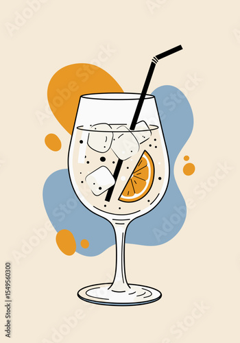 Vector illustration of Gin and Tonic cocktail with ice and lemon slice on colorful background