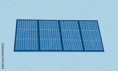 Portable foldable solar panel with four rectangular sections, isolated on blue background, concept of renewable energy