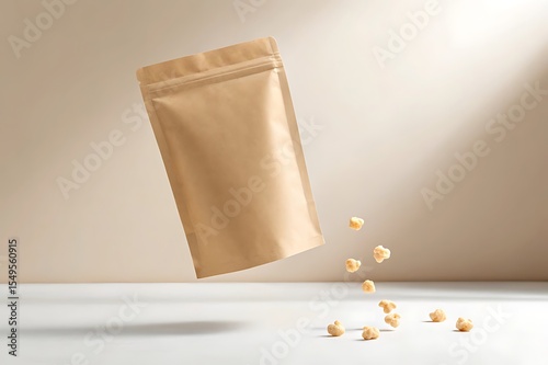 Elegant Kraft Paper Snack Packaging with Falling Popcorn Kernels, Mock up kraft packaging
