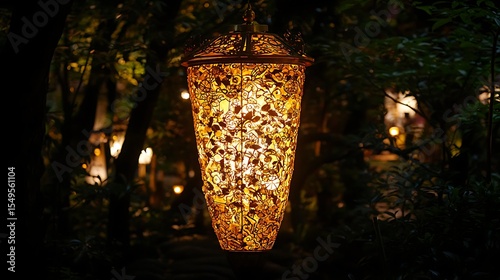 Lit-up Yamaboko float glowing in evening darkness with ornate details and warm lights casting soft shadows