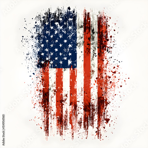 Distressed Vertical USA Flag with Ink Splatters – Grunge Patriotic Design on White Canvas