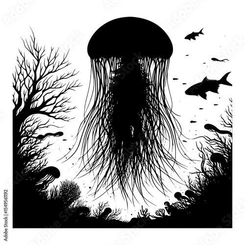 Black and white silhouette of a giant jellyfish underwater