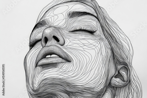 Minimalist drawing of woman face with flowing lines and intricate details, capturing sense of calm and beauty. artwork emphasizes contours and features in unique style