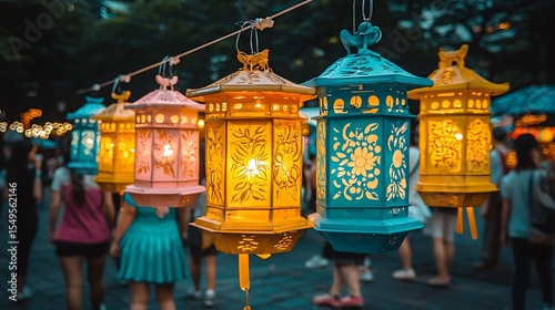 Gentle dusk illumination highlighting colorful lanterns suspended in rows along historic Gion pathways