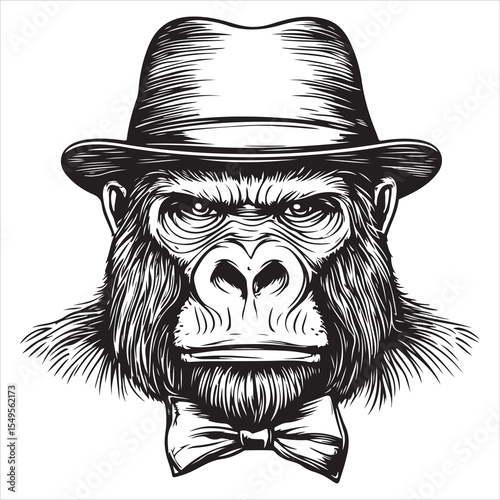 gorilla silhouette, gorilla vector, Gorilla wearing a hat, vintage logo line art concept black and white color, gorilla vector illustration photo