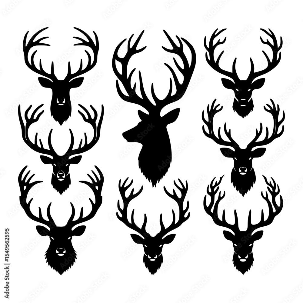 Obraz premium Eight black silhouette deer head designs