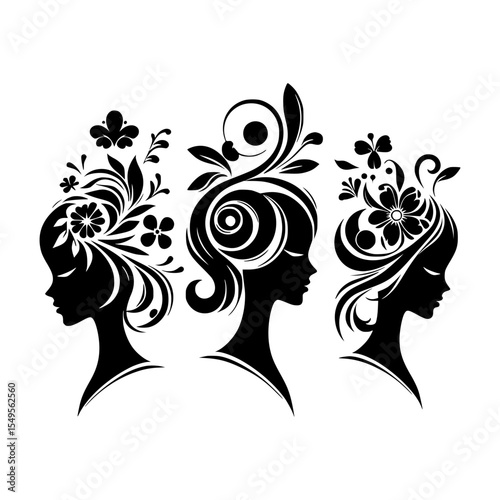 Three elegant women silhouettes with floral hair designs