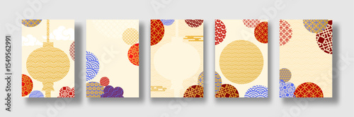 Set of square cards with 2026 chinese new year. Chinese lanterns with patterns in modern style, geometric decorative ornaments for background.