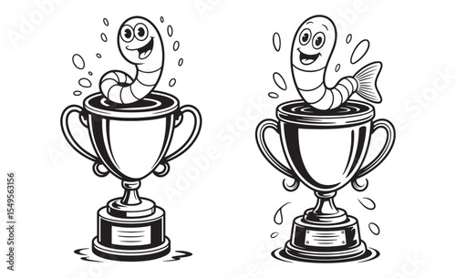 Cartoon worms in winning trophies illustration