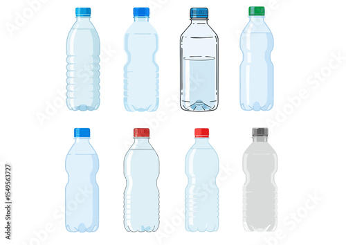 Transparent plastic water bottle with blue cap on clean white background, flat vector illustration
