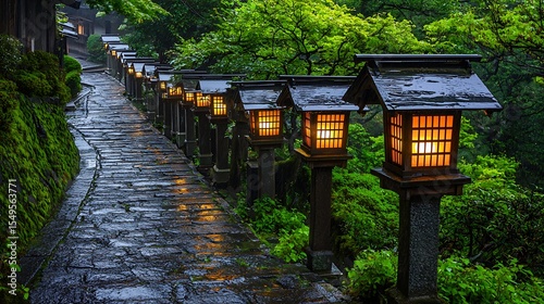 Evening scene of rows of glowing lanterns suspended above quiet streets in Gion, creating a serene and enchanting atmosphere