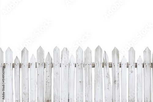 Rustic white picket fence with wooden panels isolated against bright background