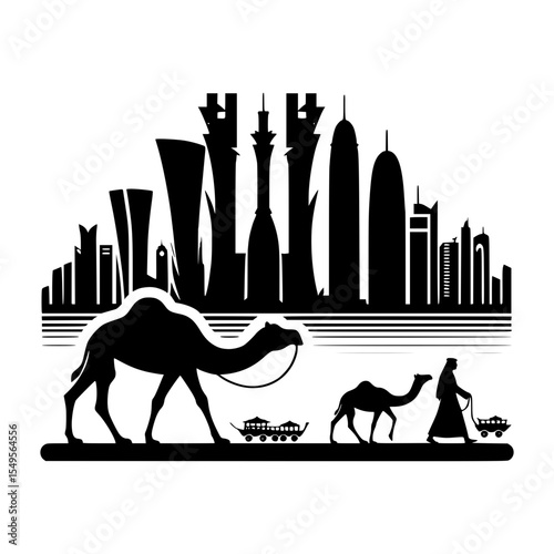 Doha skyline with camels and traditional carts