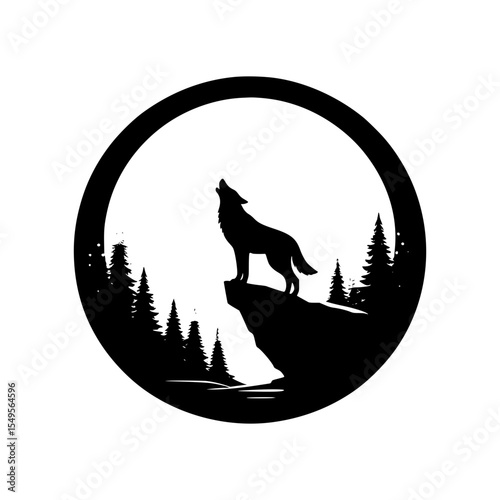 Howling wolf silhouette on mountain peak at night