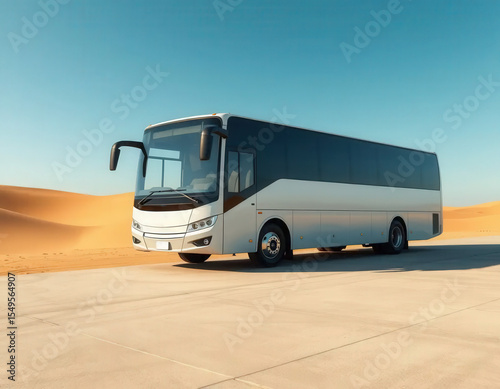 Mockup of a modern bus placed in an arid desert landscape. Ideal for travel campaigns, commercial transportation concepts, and outdoor mobility branding.