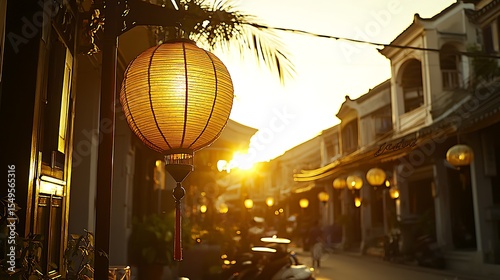 Detailed view of traditional lanterns emitting warm light in fading twilight, highlighting the paper material and patterns
