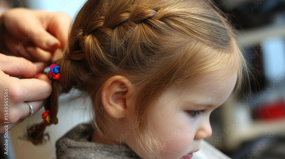 Fototapeta premium Toddlerâs hair being gently braided with colored elastics at each end