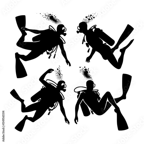 Four scuba divers silhouettes underwater scene