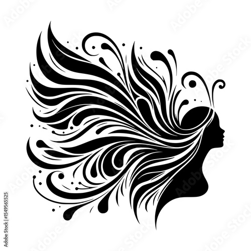 Elegant woman silhouette with ornate floral hair design