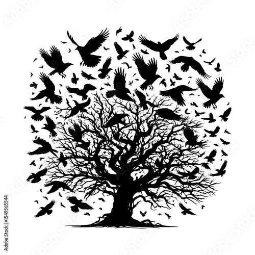 Silhouette of a bare tree with flying crows