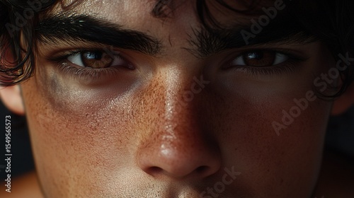 Realistic close-up of a man with deep brown eyes, glossy lips, and soft skin, his dark hair framing his face.