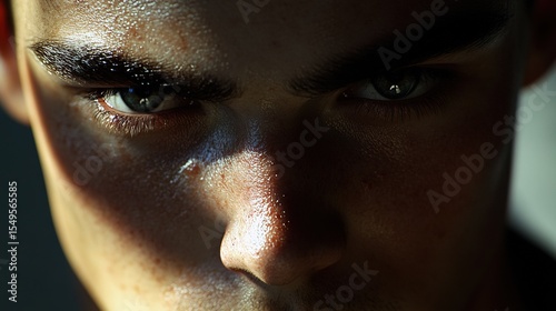 Realistic close-up of a man with dark eyes, thick stubble, and strong cheekbones, the light catching the details of his face.