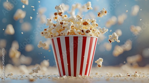 Popcorn Flying Out of Striped Container Title: Popcorn Exploding from a Red and White Striped Cup Tags